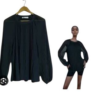 Zara Black Pleated Blouse with Sheer Long Sleeves Size XL NWT